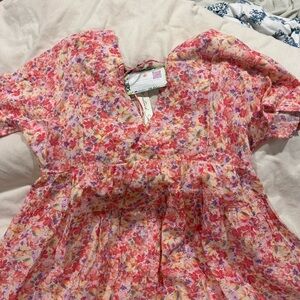 Floral Tiered V-Neck Dress in Pink and Coral